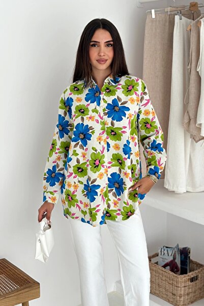 AsprinFashion قميص كتان منقوش بالزهور