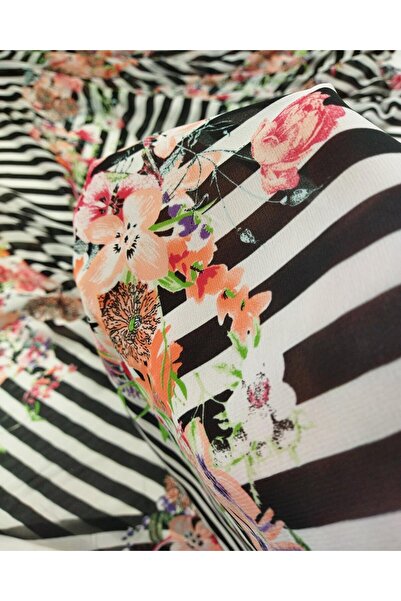 Kumaş Parça شيفون مخطط بالأبيض والأسود مع زهور عرض: 140