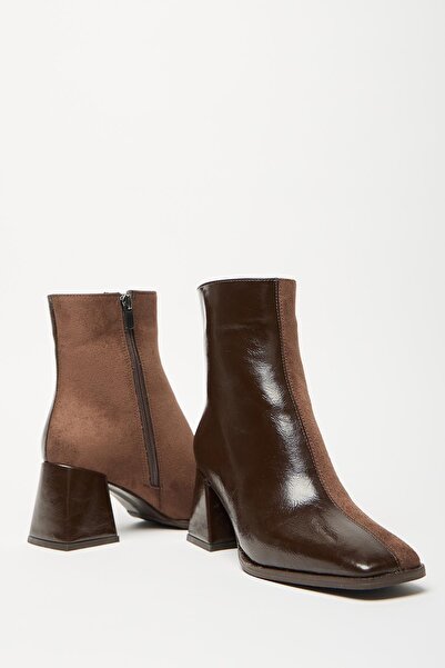 Madamra Brown Patent Leather - Suede Women's Boots & Booties Blunt Toe Heeled Contrast Pu Leather Zippered Stylish