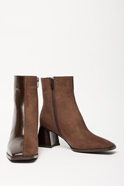 Madamra Brown Patent Leather - Suede Women's Boots & Booties Blunt Toe Heeled Contrast Pu Leather Zippered Stylish