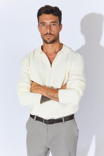 TENA Ανδρικό πλεκτό πλεκτό πουλόβερ με φερμουάρ σε εκρού χρώμα