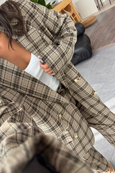 Le Savu SHILSEE ДАМСКО ПАЛТО С КАРИРАН ПАТЕРН И ОВЕРСАЙЗ КЪСИЦА КАФЯВО