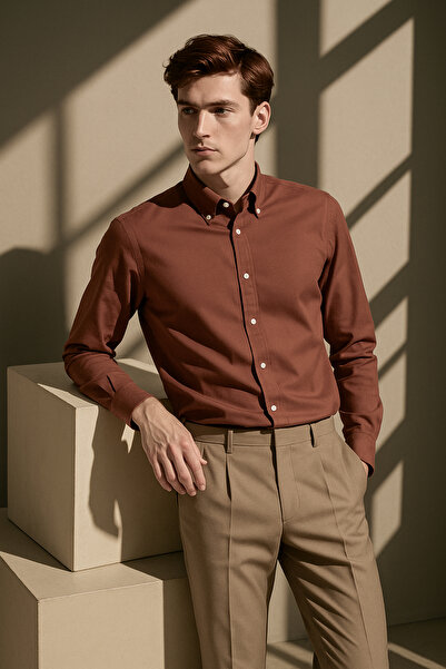 alenmeza Erkek Kiremit Oxford Düğmeli Yaka Pamuk Likra Slim Fit Casual Cepsiz Gömlek