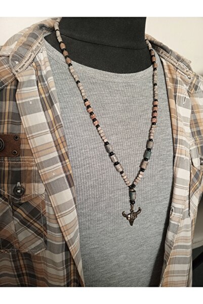 Takı By Erk BOĞA KURU KAFA OBJELİ - EL YAPIMI - ÖZEL TASARIM - ESKİTME AHŞAP BONCUKLU KOLYE