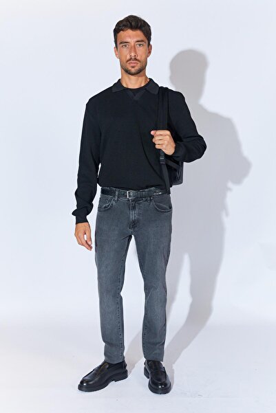 TENA Men's Black Footed V-Neck Ribbed Basic Knitwear