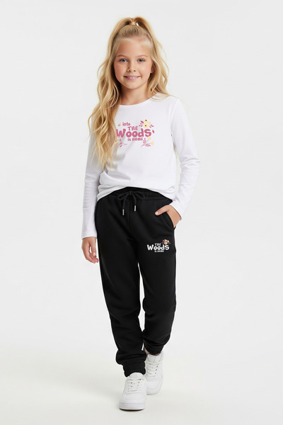 FYK COLLECTİON Zero Yaka the Woods Printed Girls' Basic Top-Bottom Set