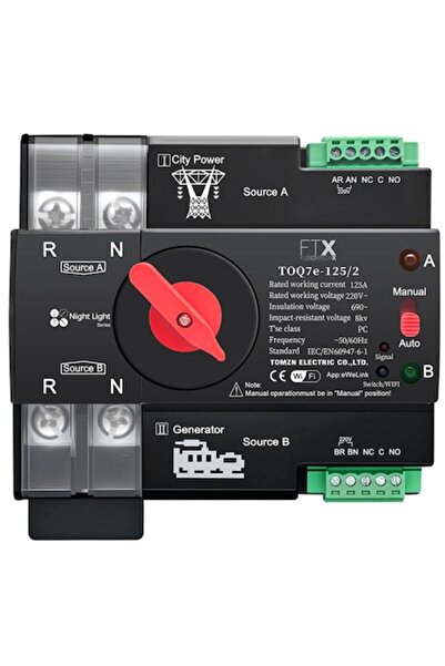 FUSIONTECHX Smart ATS WiFi Automatic Switch, 2P 100A, 230V, with Timer, DIN Rail Mounting