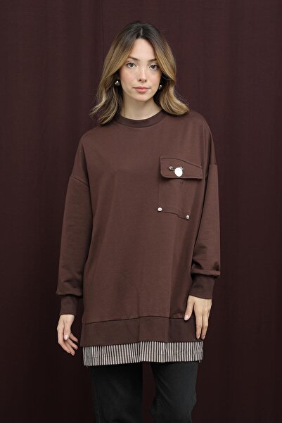 Puane Women's Brown Two-Thread Combed Cotton Fabric Pocket Tunic with Bronchial Detail 10720