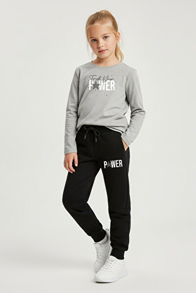 FYK COLLECTİON Zero Yaka Power Printed Girls' Basic Top-Bottom Set