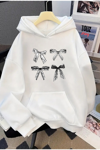 Toum Hanorac cu glugă oversize unisex cu imprimeu cu detaliu de panglică