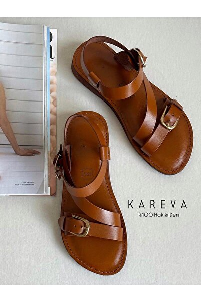 Zuum Kareva 100% Genuine Leather Buckle Women's Sandals - Tan Leather