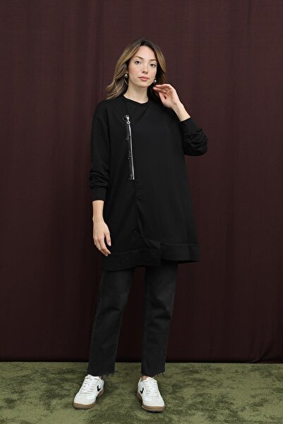 Puane Γυναικείο τουνίκ με κέντημα και φερμουάρ - 10735TUN - ΜΑΥΡΟ