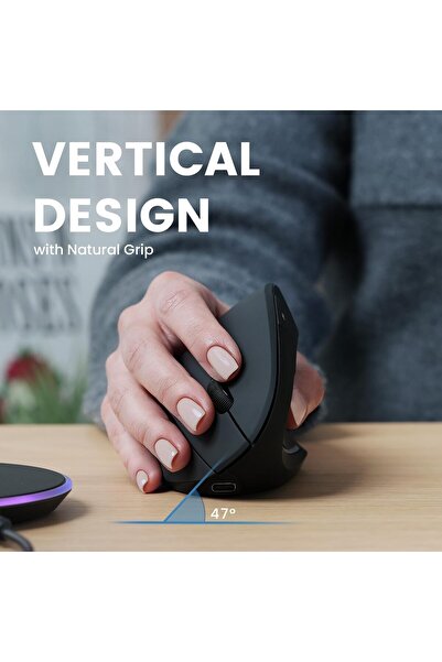 Perixx PERIMICE-713RX Wireless Rechargeable Vertical Mouse - Duo Wired and Wireless Charging Feature