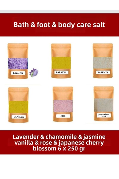 E.M.S AVM Lavender&Chamomile&Jasmine&Vanilla&Rose&Japanese Cherry Flower Bath Salt Foot Care Salt 6 X 250 Gr.