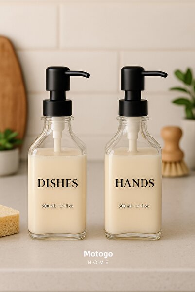 Mottogo طقم صابون زجاجي مكون من قطعتين (مع ملصقات للأطباق واليدين والصابون وا...