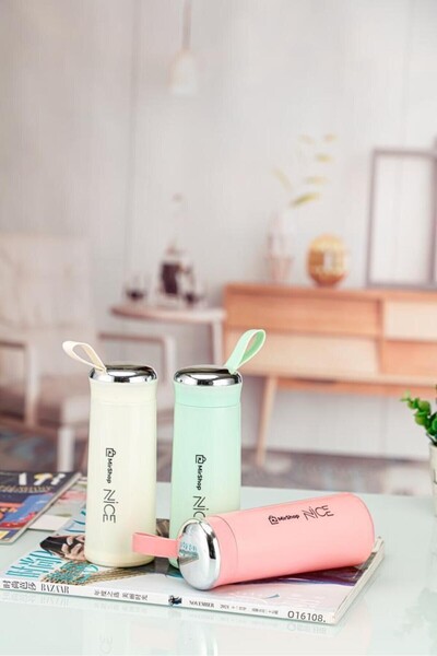 BOSSİO Water Bottle Multi-Purpose (Hiking-Running-Student-Food) 400ml Thermos Special Design Inside Non-Glass Silicone