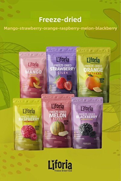 Liforia 6 قطع من الفواكه المجمدة - وجبة خفيفة صحية - مانجو، فراولة، برتقال، توت العليق، بطيخ، بلاك بيري