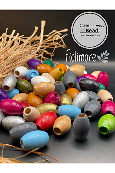 Fiolimore خرز خشبي بيضاوي 24x16 ملم ملون (50 جرام 25 قطعة) قطر الفتحة 6 ملم خ...