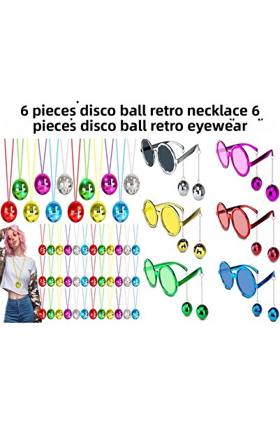 Go İthalat 12 Piece Colorful Disco Ball Retro Party Set – 6 Necklaces + 6 Glasses (5273)