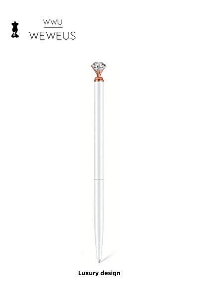 Weweus White Rose Detailed Mini Crystal Shape Luxury Ballpoint Pen