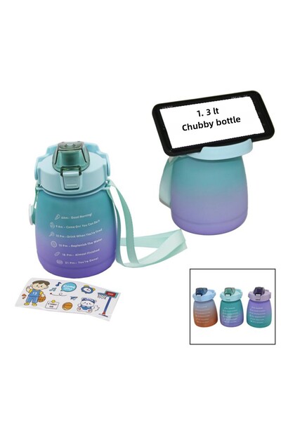 Go İthalat 1.3Lt - Chubby Colorful Plastic Water Bottle with Straw and Locking Lid - with Phone Holder (5273)