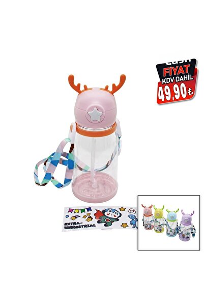 Go İthalat Deer Model Children's Water Bottle with Straw and Strap (5273)