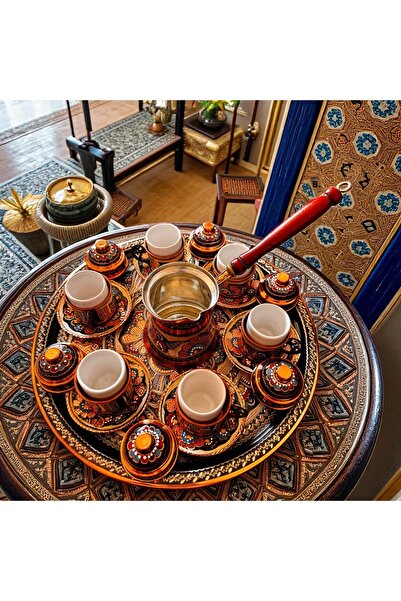 BARITCIOGLU Erzincan Engraved Copper Coffee Pot Tray Coffee Set for 6 People