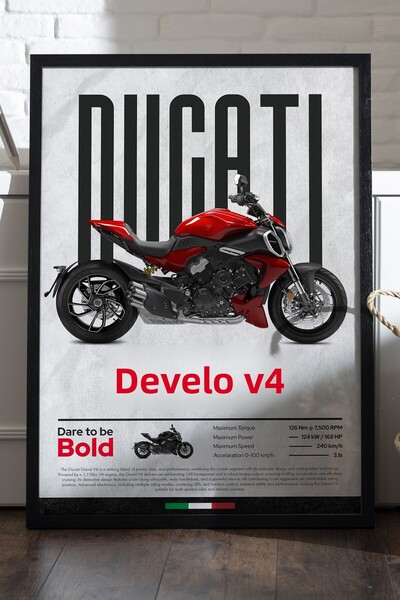 Duvarda Αφίσα Ducati Diavel V4 με μαύρο ξύλινο πλαίσιο, διακοσμητικός πίνακας...