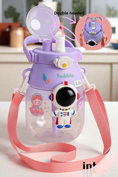 İnterlife Astronaut Children's Water Bottle with Apparatus, Safe, Leak-Proof, Durable, with Strap, Surprise Sticker, School Water Bottle, 4 Colors