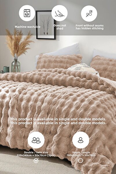 Evlen Home Collection Fur Bedspread Double Filled Plush Soft Double-Sided Quilt 3 Pieces Lory Brown