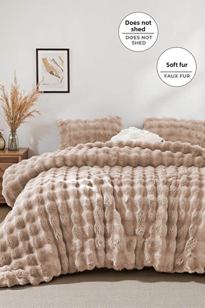 Evlen Home Collection Fur Bedspread Double Filled Plush Soft Double-Sided Quilt 3 Pieces Lory Brown