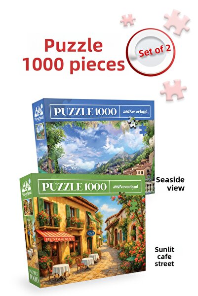 Neverland 2 Pcs 1000 Piece Puzzle- Sunny Cafe Street and Coastal View