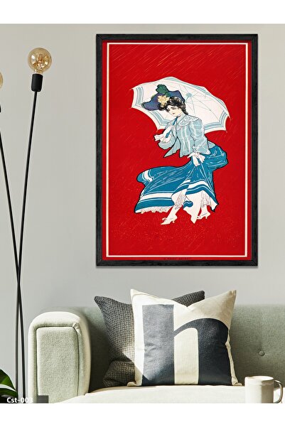 CeSht Woman with Umbrella One Piece Black Wooden Framed Painting