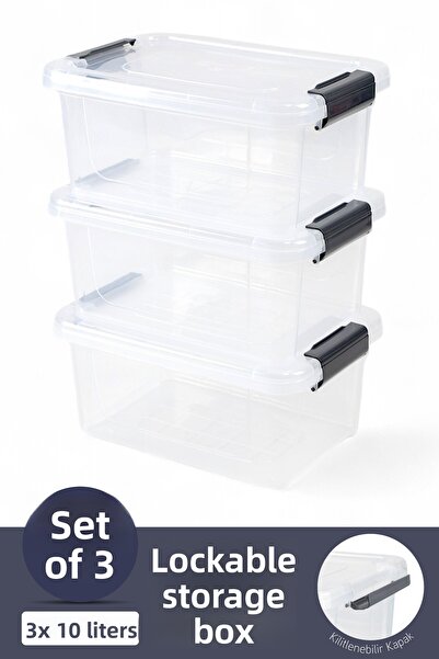 İronika 3-Piece Storage Container Horizontal Rectangular with Locking Lid Multi-Purpose Toy Storage Box 10 Liters
