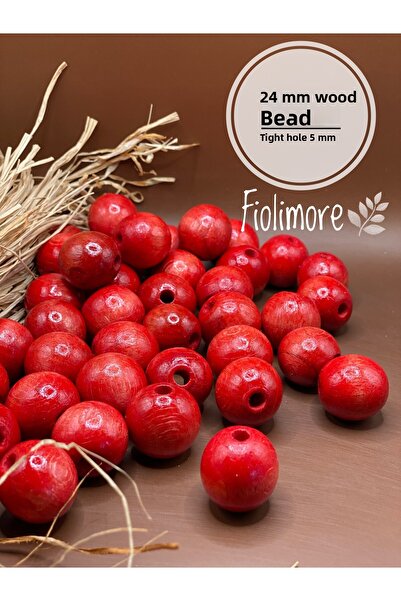 Fiolimore 24 ملم خرز خشبي أحمر (50 جرام 11 قطعة) قطر الفتحة الضيقة 5 ملم حقيب...