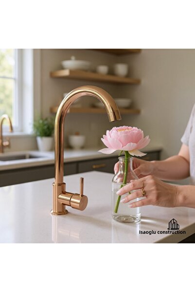 İSAOĞLU YAPI Bronze Kitchen Faucet Copper Sink Tap Lilac Swan Rose Copper Fix...