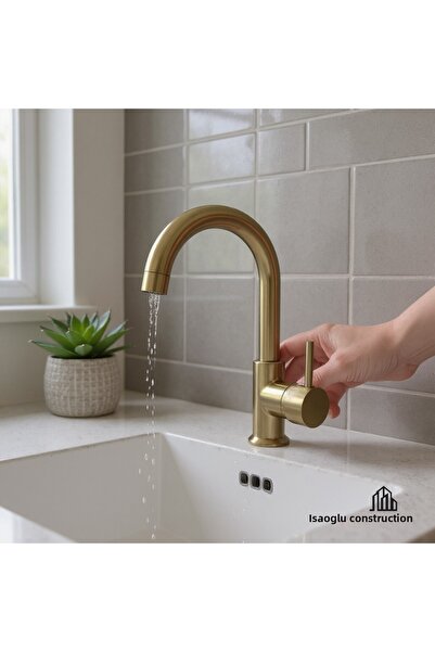 İSAOĞLU YAPI Matte Gold High Model Lilac Sink Faucet Rotatable Pipe Matte Gold Color Sink Faucet