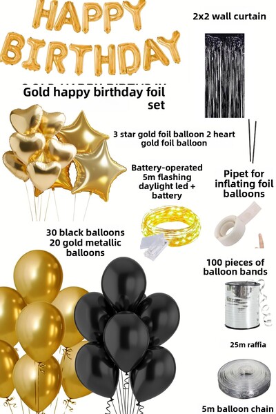 Baloncu Nene Gold Happy Birthday Foil Balloon Set Black Gold Birthday Party Decorations