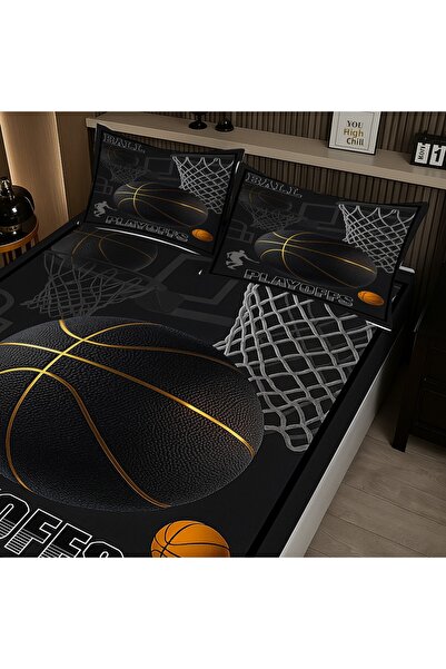 Else Dekor طقم ملاءات سرير مزدوجة مرنة بنمط كرة السلة مع غطاء وسادة 160×200 سم