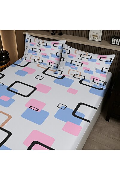 Else Dekor طقم ملاءات سرير مزدوجة مرنة بنمط هندسي باللون الأزرق والوردي مع غطاء وسادة 160 × 200 سم