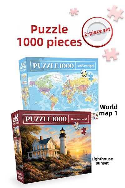Neverland 2 Pcs 1000 Piece Puzzle- World Map- I and Lighthouse Sunset