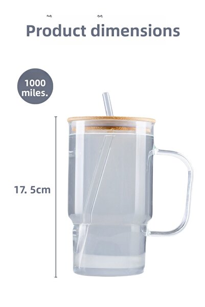 Nandy Home Καπάκι από μπαμπού, κούπα από βοριοπυριτικό γυαλί, γυάλινο καλαμάκι 1 λίτρο.