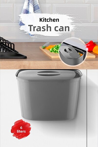 MYBOX Functional Trash Can with Strap 6L - Can Be Hung on Cabinet Door Practical under Counter Trash Bin Gray