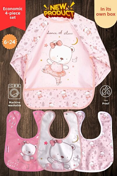 Bebechi مجموعة من 4 قطع بنمط الدب اللطيف - مريلة للأنشطة والطعام صديقة للبيئة...