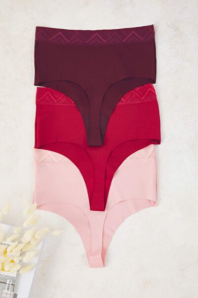 Trendyol Collection Purple-Multicolor 3-Pack Micro Lace Detailed Thong Knitted Panties Thmaw26Ku00028