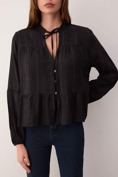 Trendyol Collection Black Cotton Textured Lace on Sleeve Regular Fit Boho Woven Shirt Twoss25Go00038