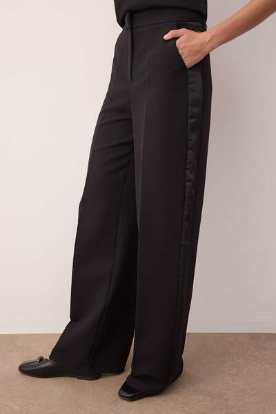Trendyol Collection Black Yanda Satin Stripe Detail Wide Leg/Wide Leg Pants Twoaw26Pl00089