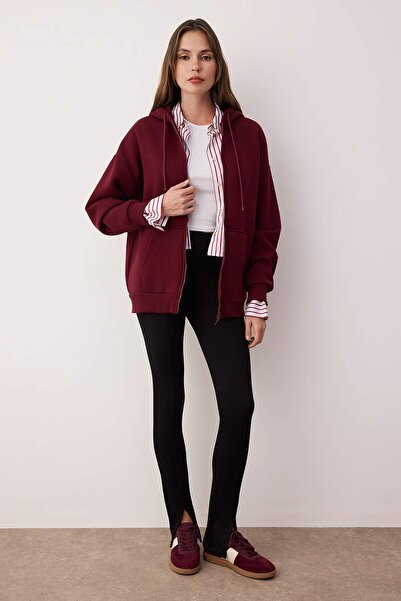 Trendyol Collection Burgundy Oversize/Relaxed Fit Zippered Thick Fleece Inside Knitted Sweatshirt Twoaw24Sw00188