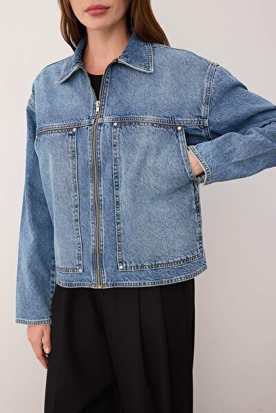 Trendyol Collection Blue Zipper Pocket Detailed Oversize Denim Jacket Twoaw26Ce00022