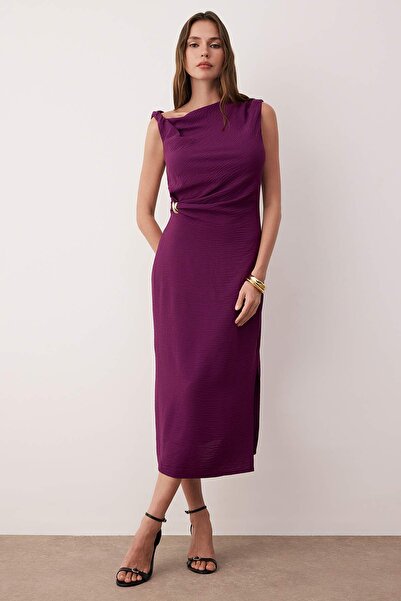 Trendyol Collection Μωβ Λεπτομερές Μίντι Υφαντό Φόρεμα TWOSS25EL00862